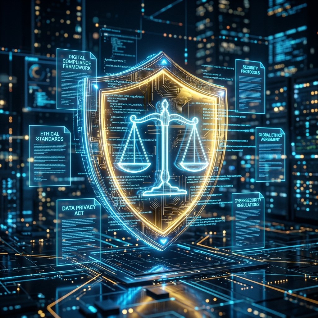 Gouvernance & Conformité IA - Bouclier numérique et contrats de conformité en lévitation holographique