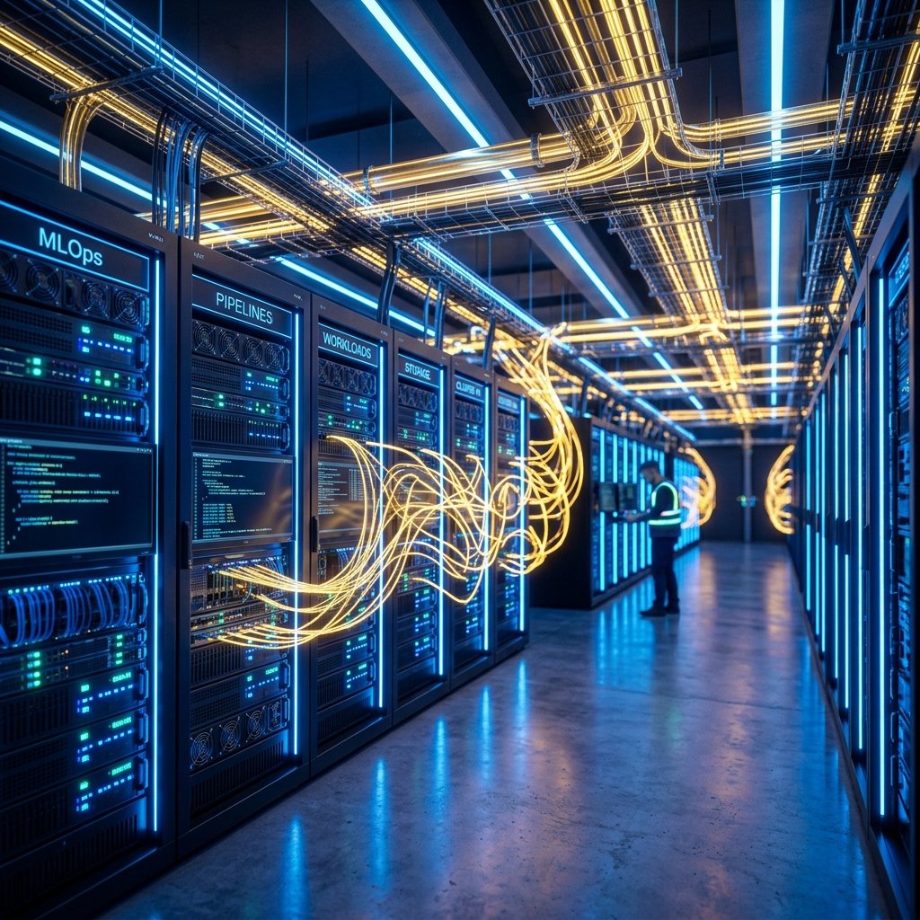 Technologie & Intégration IA - Serveurs hautes performances et flux lumineux de pipelines MLOps